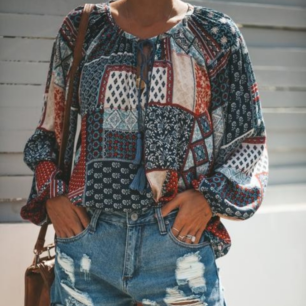 Patchwork Blouse Tassel Tie